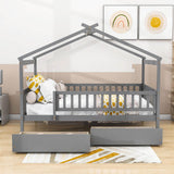 Full Size Wood House Toddler Bed Frame with Rails and Storage