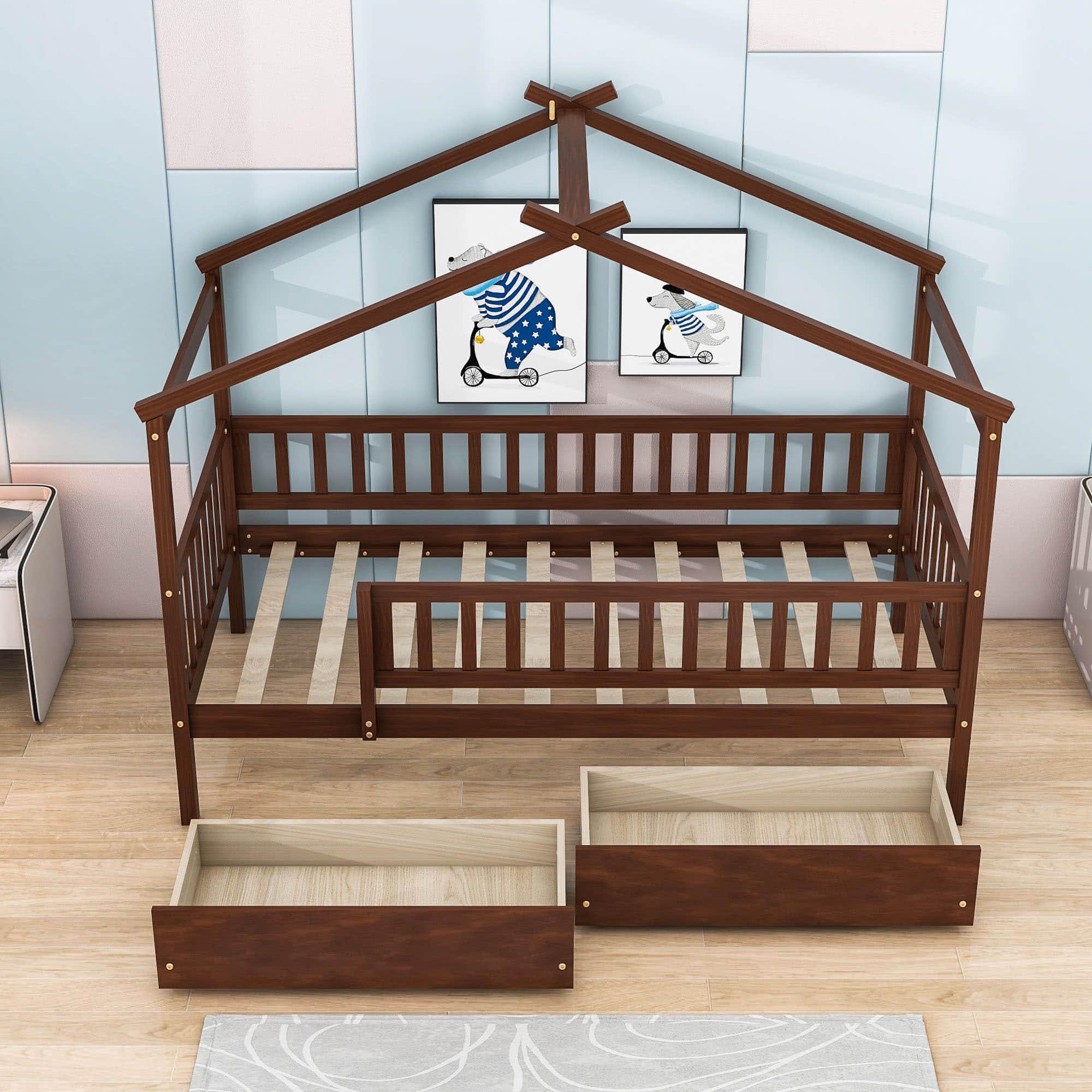 Twin Size Wood House Toddler Bed Frame with Rails and Storage