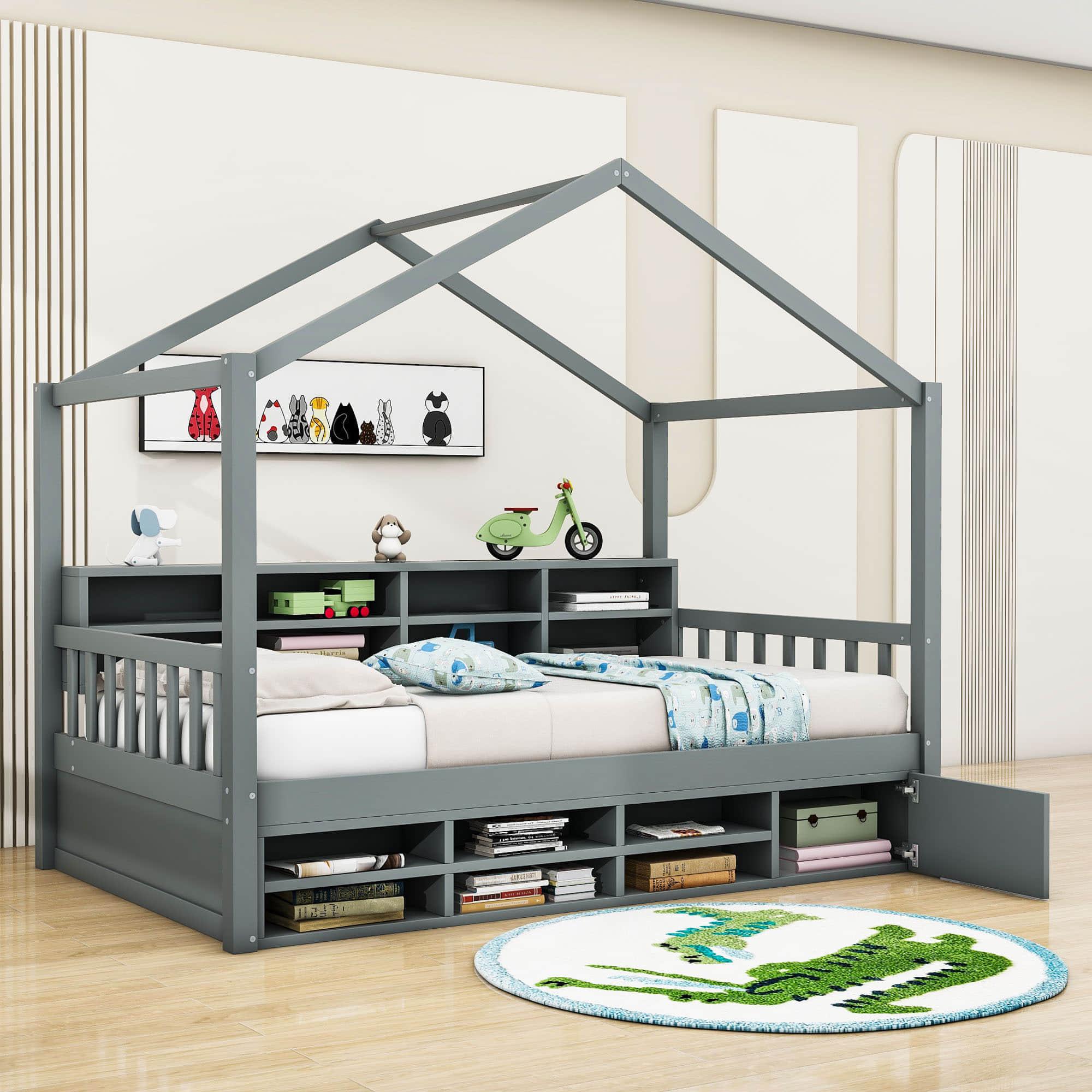 Wood Twin Size House Storage Bed Frame with Shelves and Mini-Cabinet