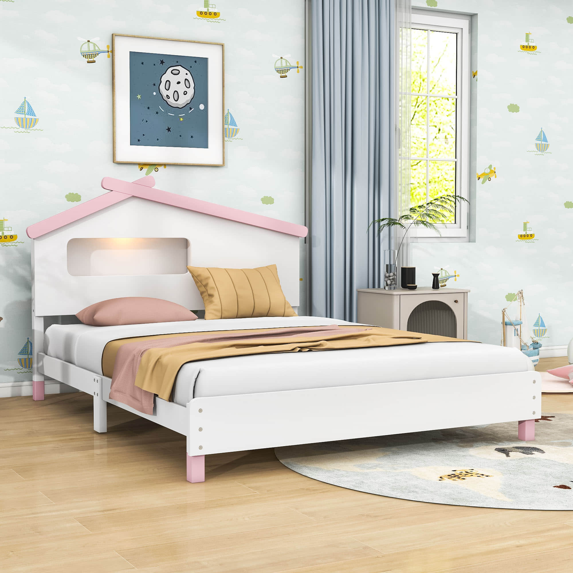 Kids Full Wood Platform Bed with House-Shaped Headboard and LED Lights