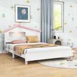 Kids Full Wood Platform Bed with House-Shaped Headboard and LED Lights