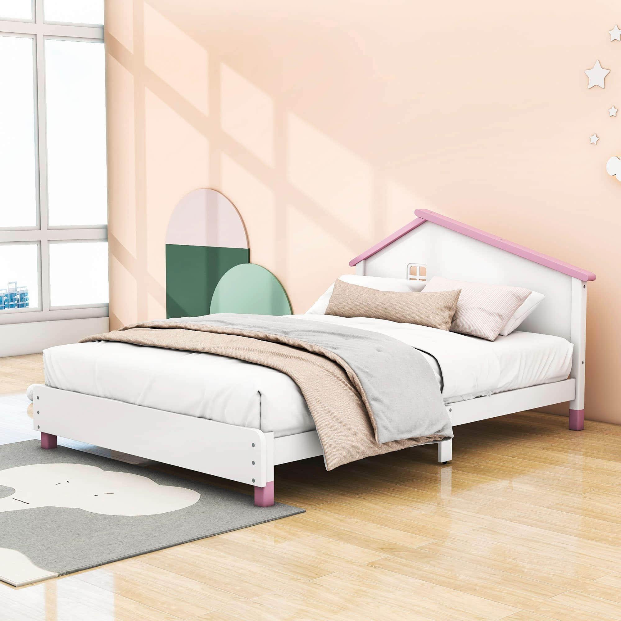 Full Size Wood Platform Bed with House-Shaped Headboard for Girls