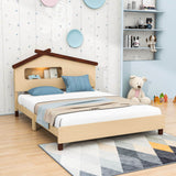 Kids Full Wood Platform Bed with House-Shaped Headboard and LED Lights