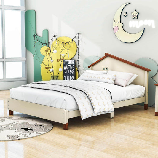 Full Size Wood Platform Bed with House-Shaped Headboard for Girls