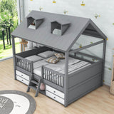 Low Full Size Loft House Bed with Storage for Kids, Toddler - [Wooden]