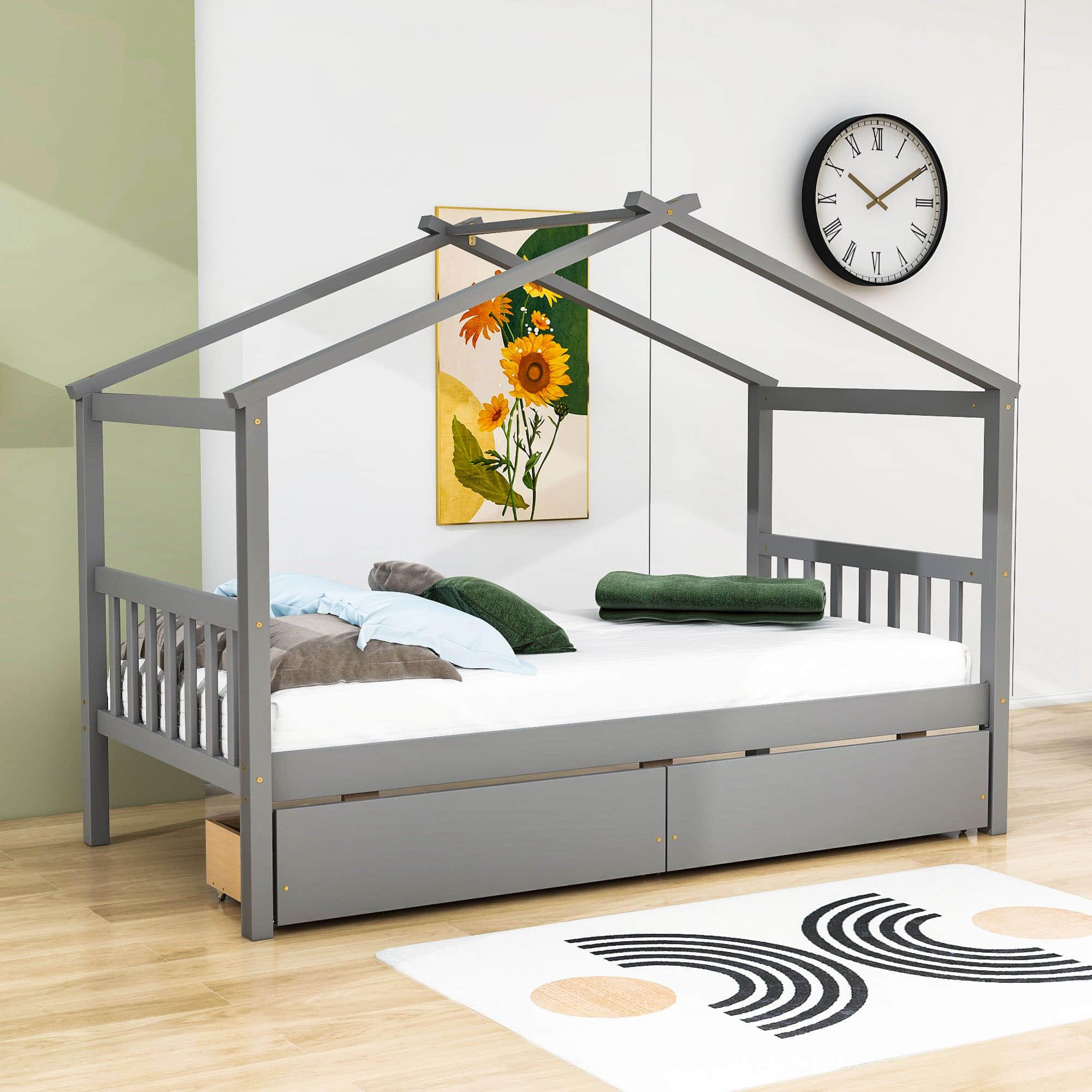 Kids Low Wooden House Bed with Storage and Headboard - [Drawers, Footboard]