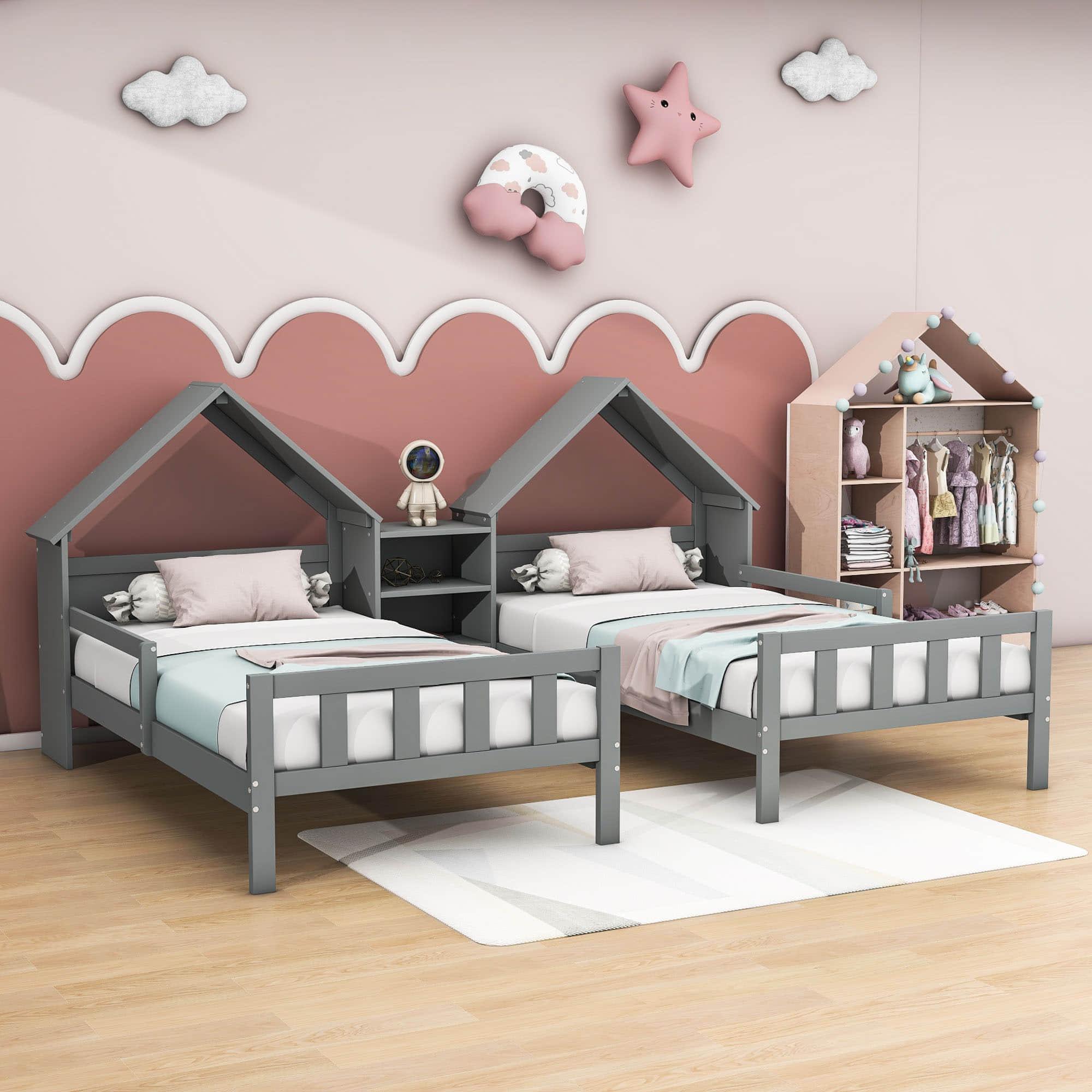 Double Twin Size Kids Platform Bed Frame with House-Shaped Headboard