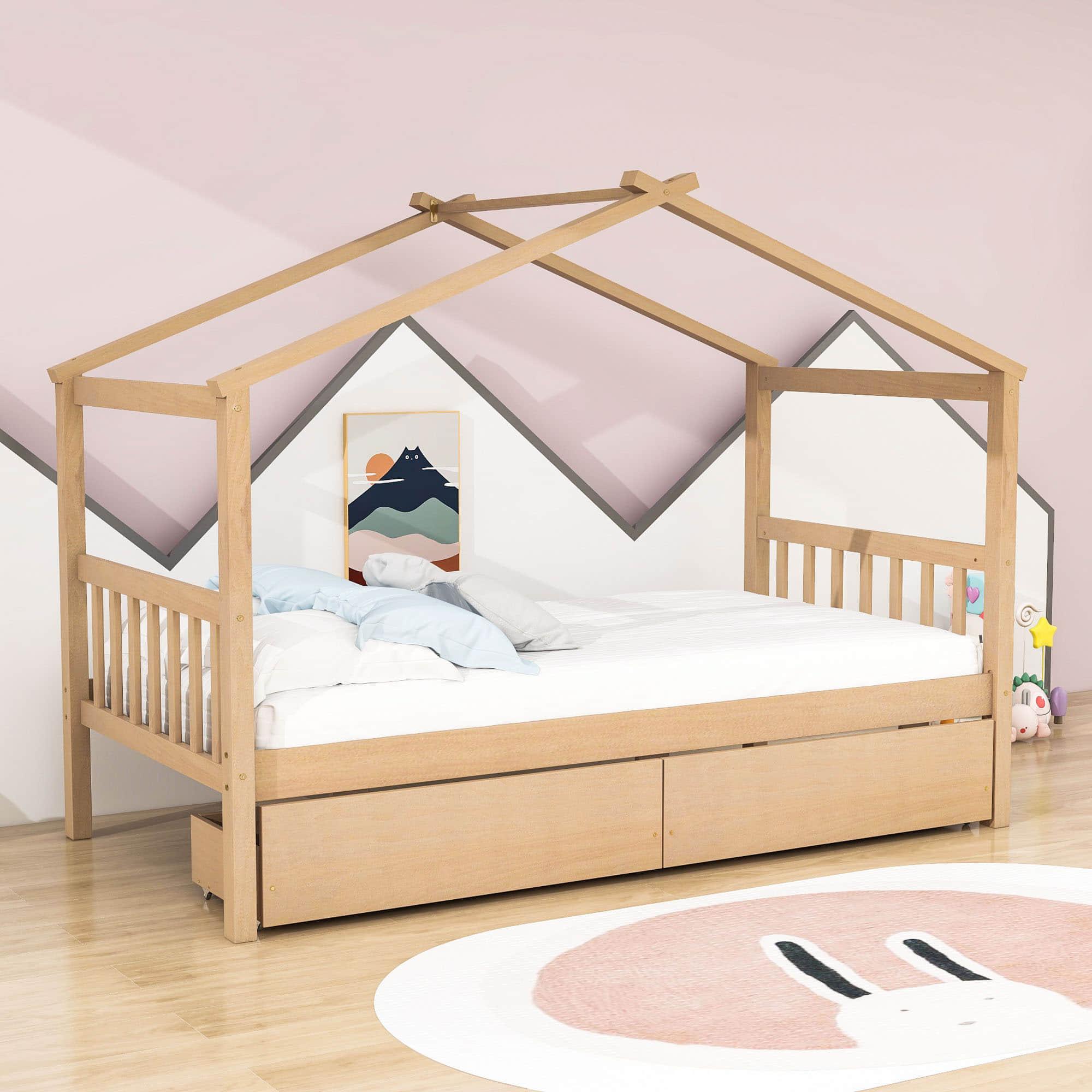 Kids Low Wooden House Bed with Storage and Headboard - [Drawers, Footboard]