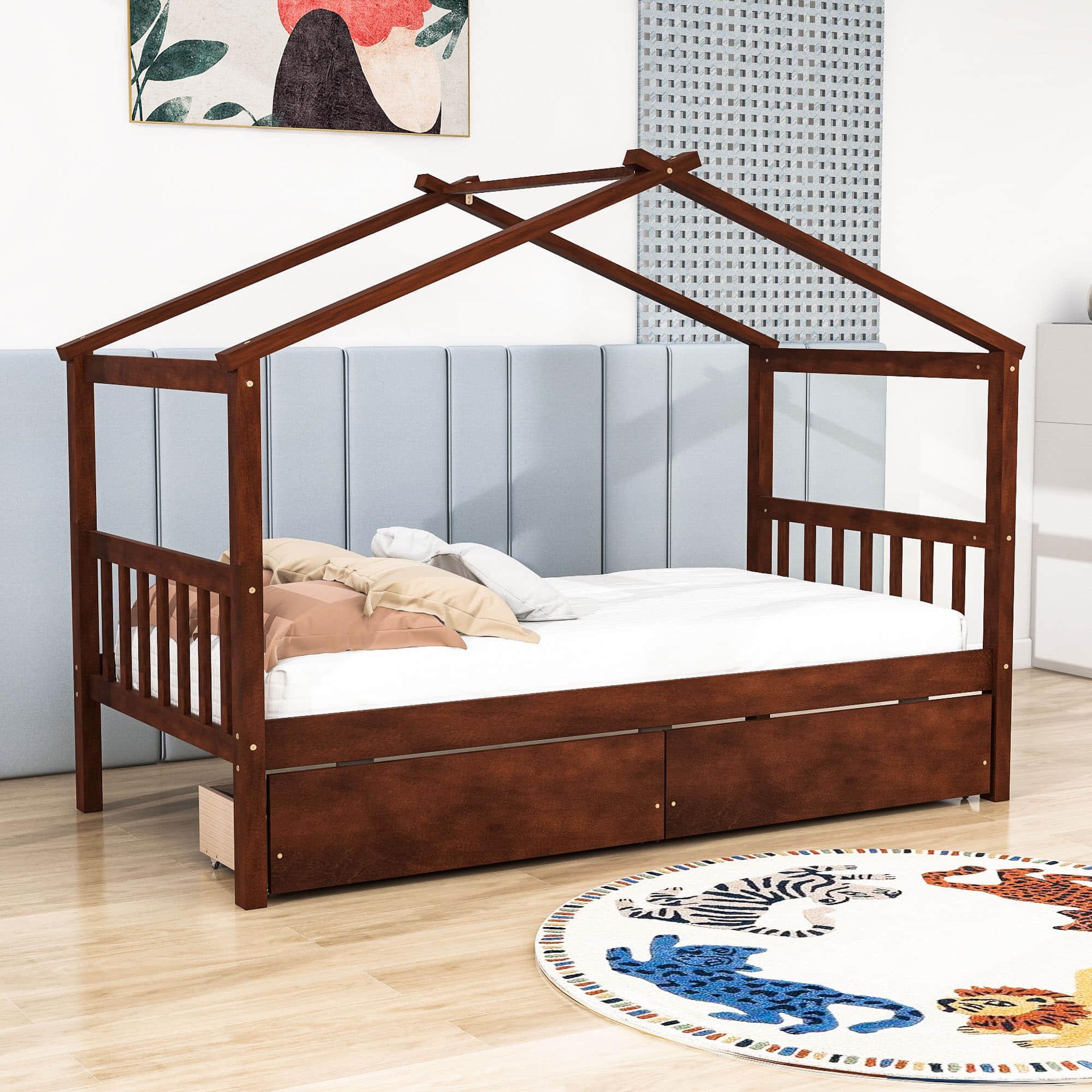 Kids Low Wooden House Bed with Storage and Headboard - [Drawers, Footboard]