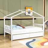 Kids Low Wooden House Bed with Storage and Headboard - [Drawers, Footboard]