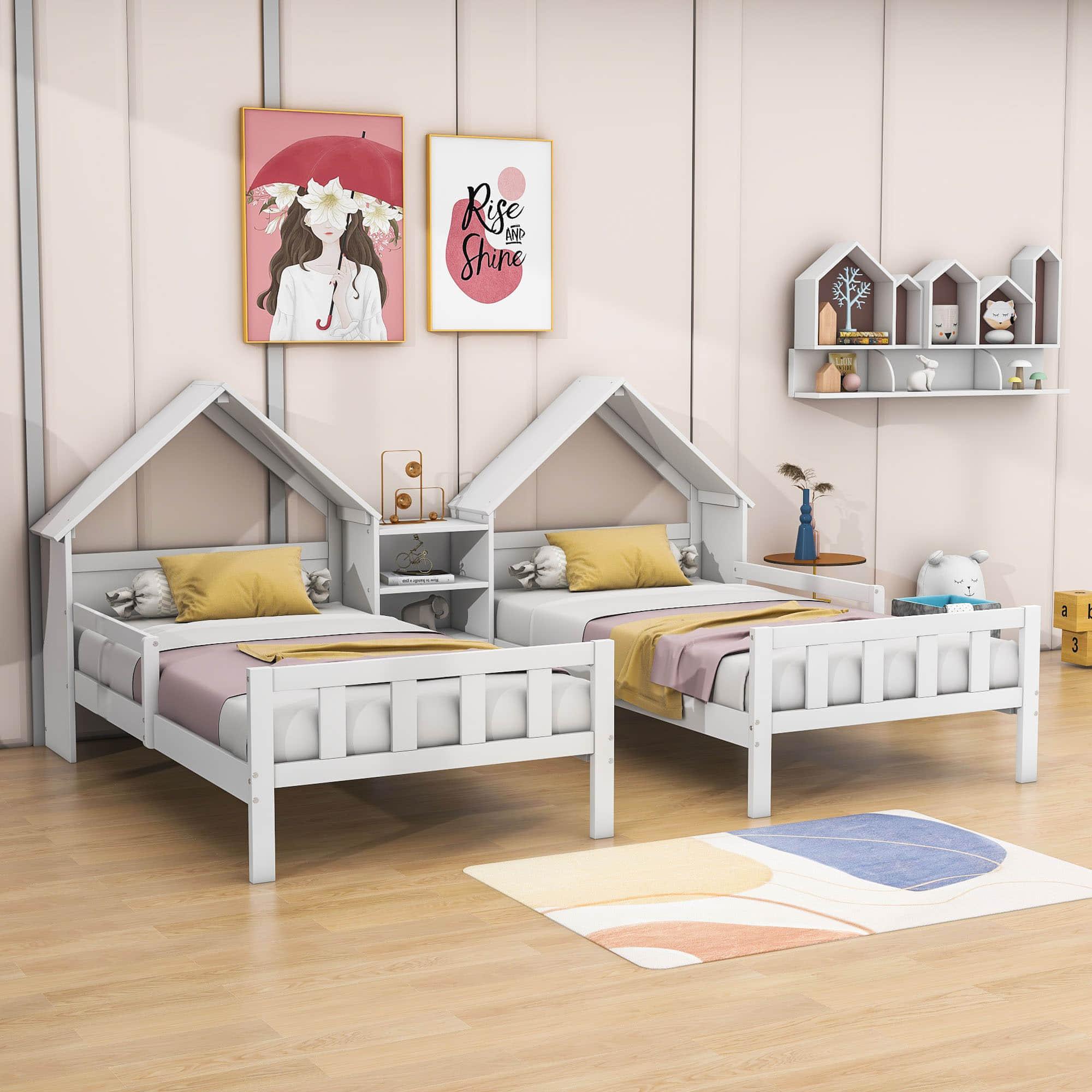 Double Twin Size Kids Platform Bed Frame with House-Shaped Headboard