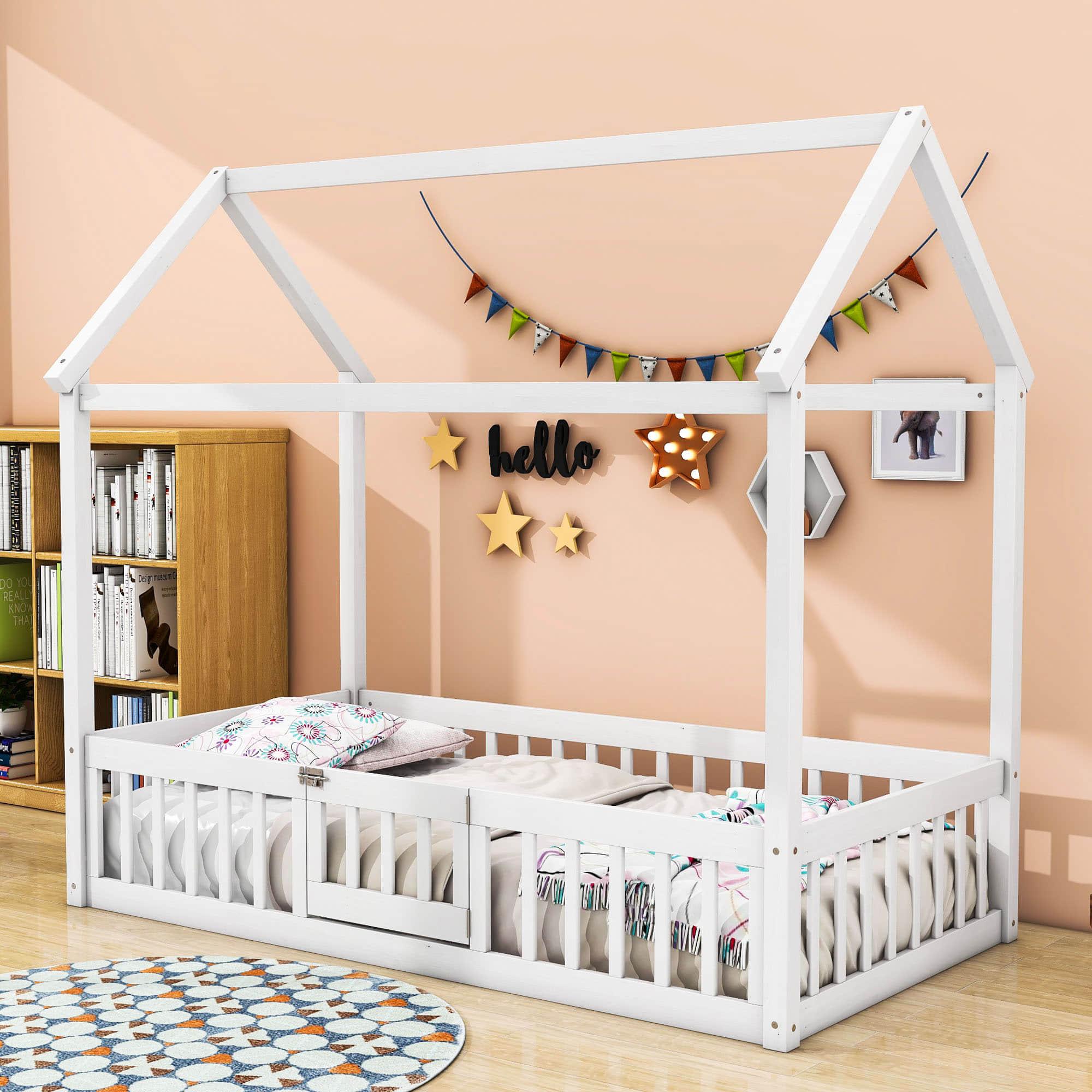 Wood House Twin Toddler Floor Bed with Rails and Door