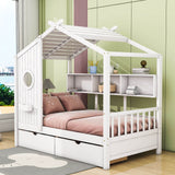 Kids Wooden Twin Size House Bed with Storage Drawers, Shelves