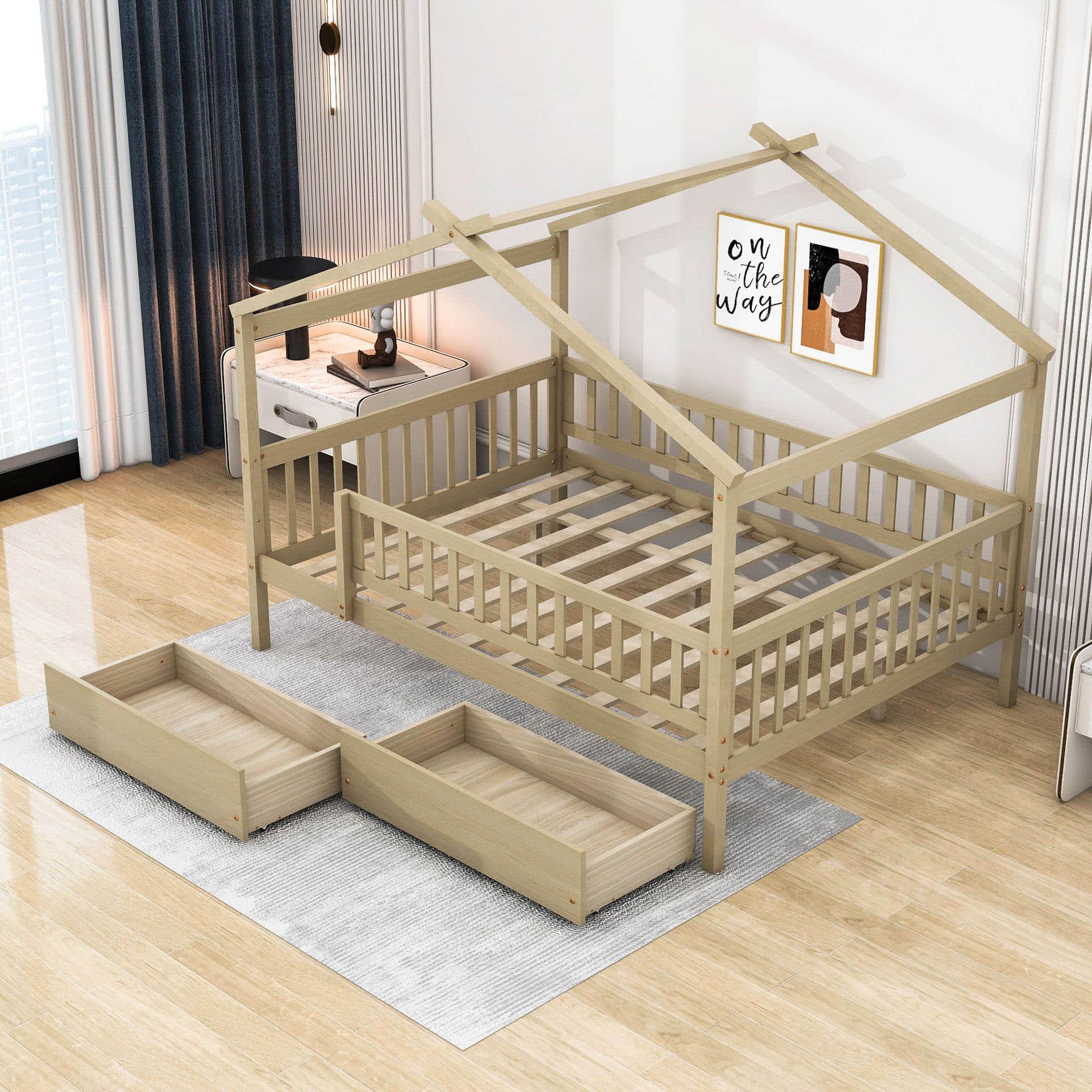 Full Size Wood House Toddler Bed Frame with Rails and Storage