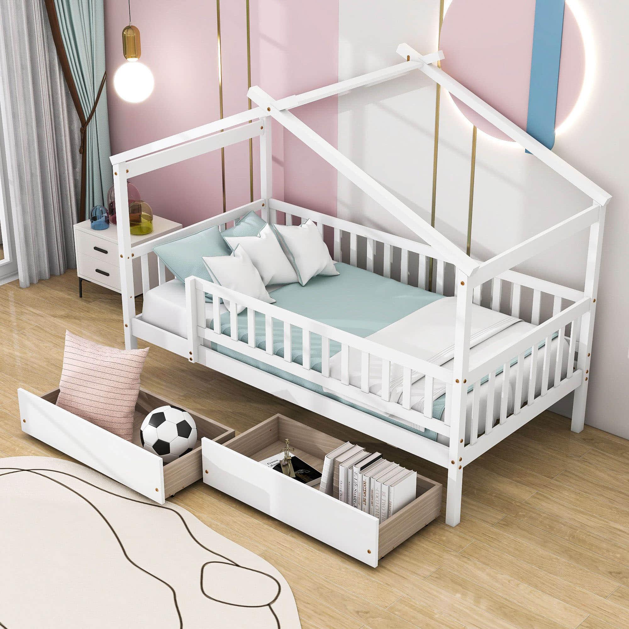 Twin Size Wood House Toddler Bed Frame with Rails and Storage