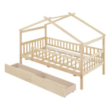 Twin Size Wood House Toddler Bed Frame with Rails and Storage