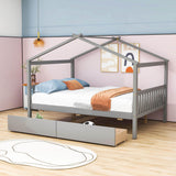 Wooden Full Size House Bed with Storage Drawers for Kids