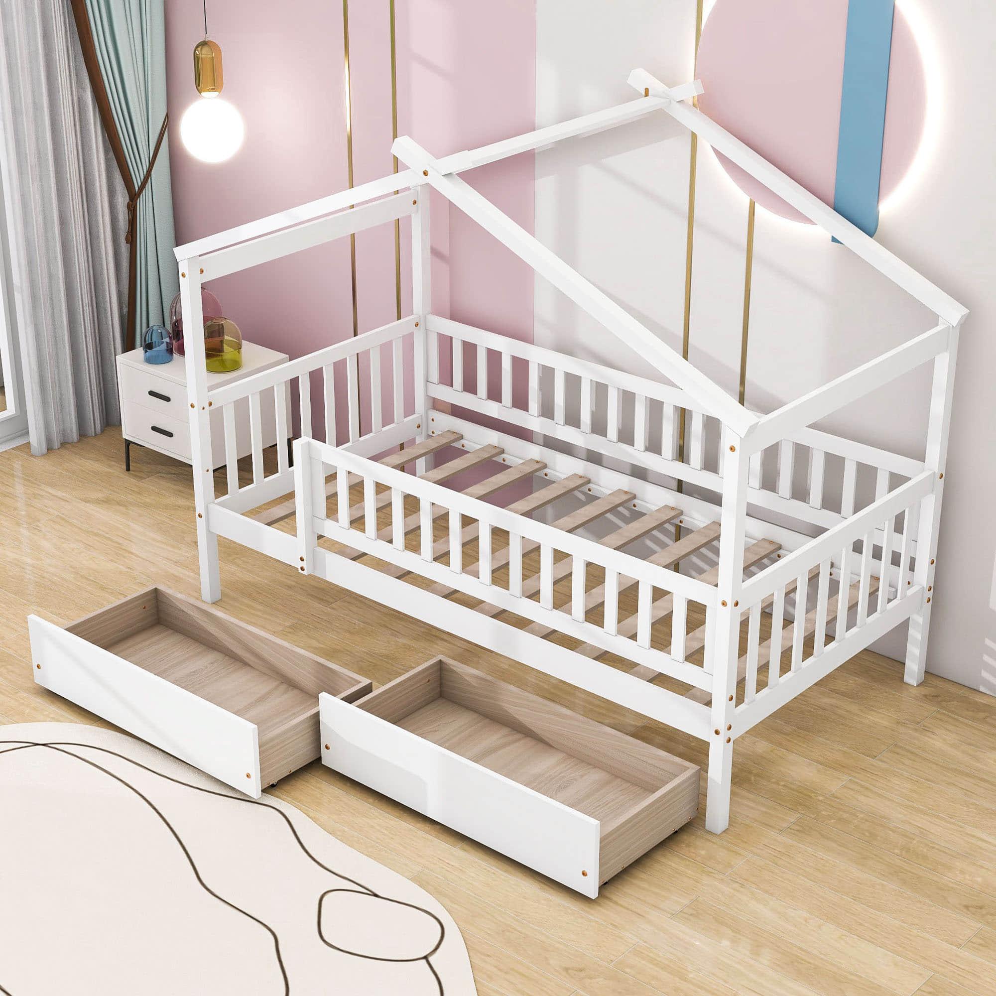 Twin Size Wood House Toddler Bed Frame with Rails and Storage