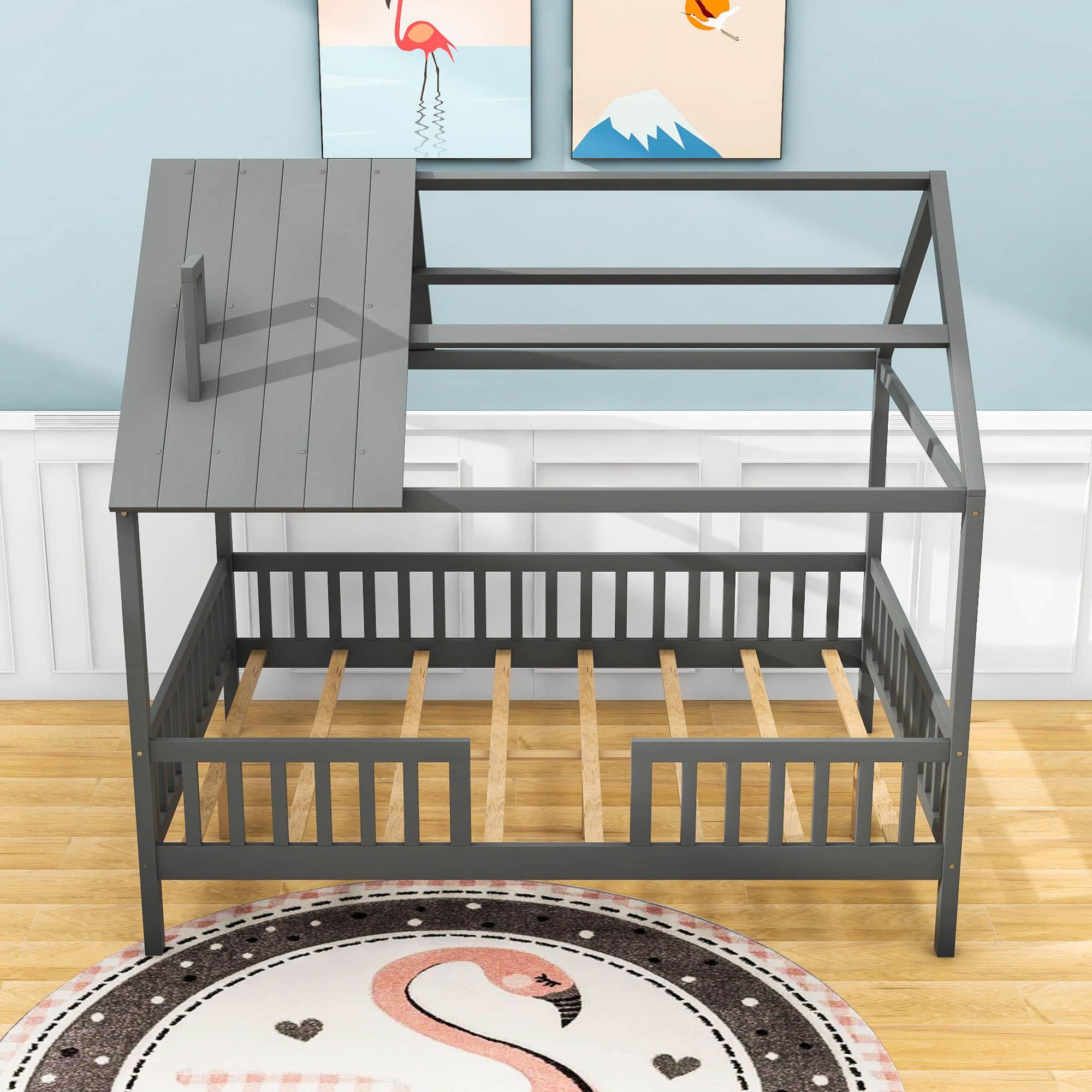 Full Wooden Kids Low Montessori Farmhouse Bed Frame with Rails