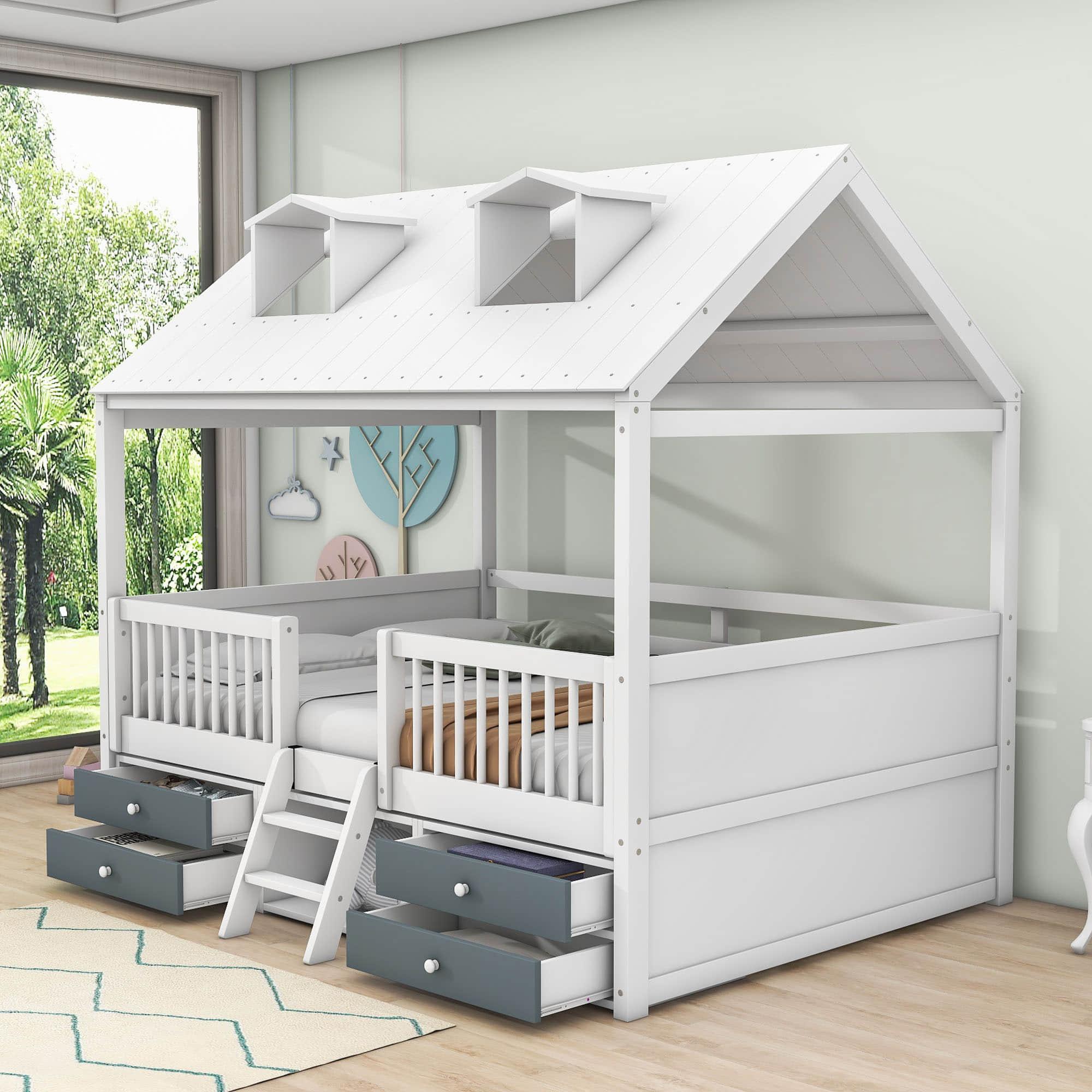 Low Full Size Loft House Bed with Storage for Kids, Toddler - [Wooden]