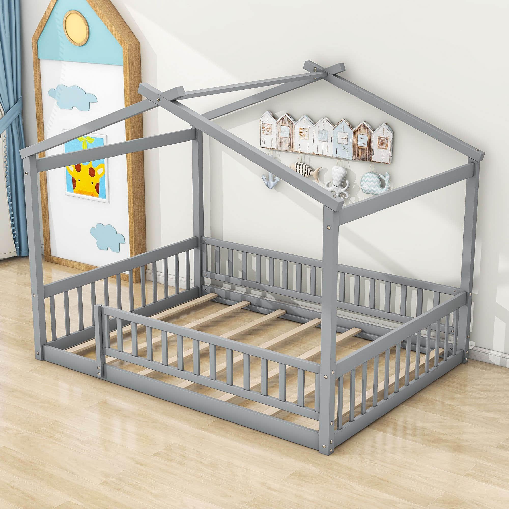 Full Size Wood House Kids Toddler Floor Bed with Rails