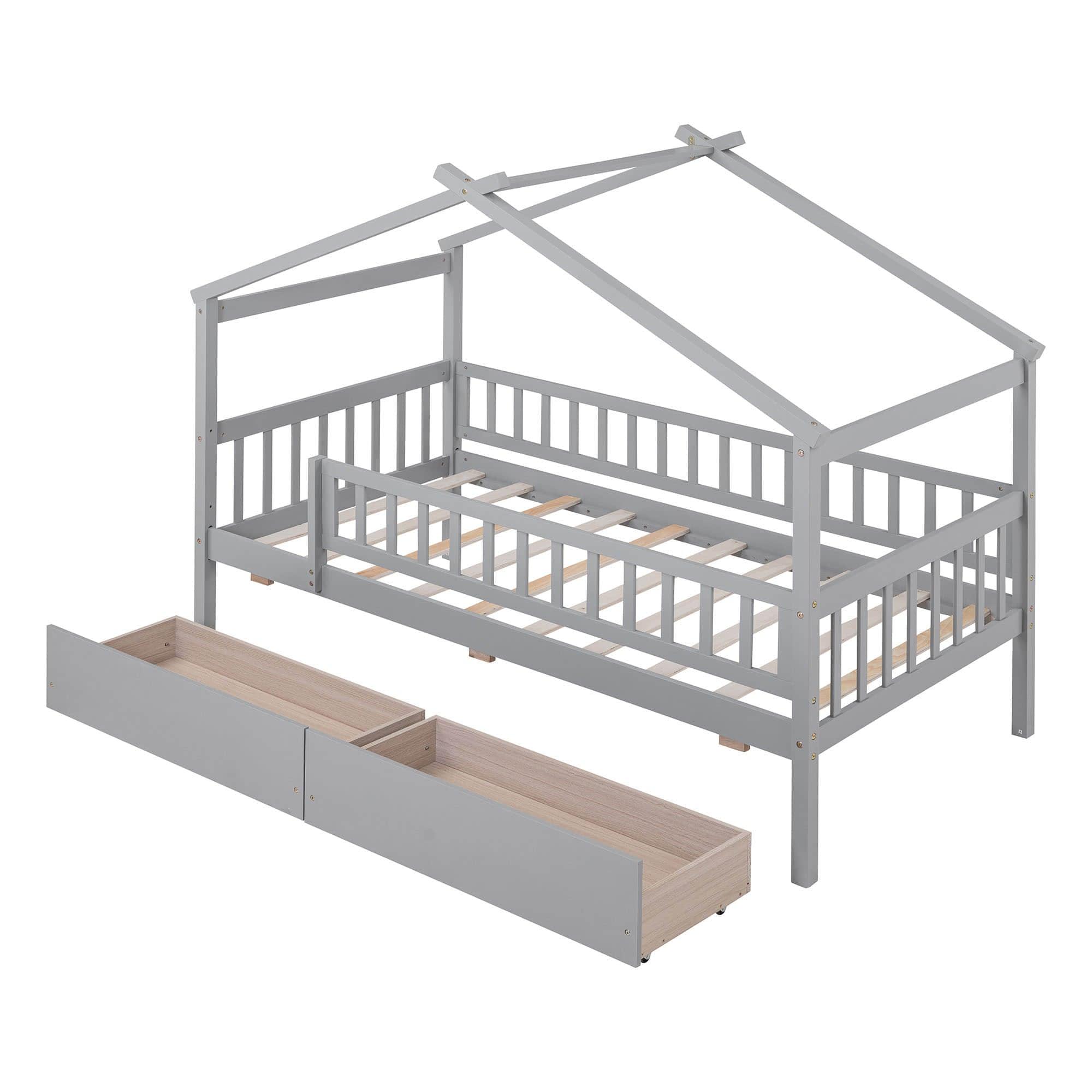 Twin Size Wood House Toddler Bed Frame with Rails and Storage