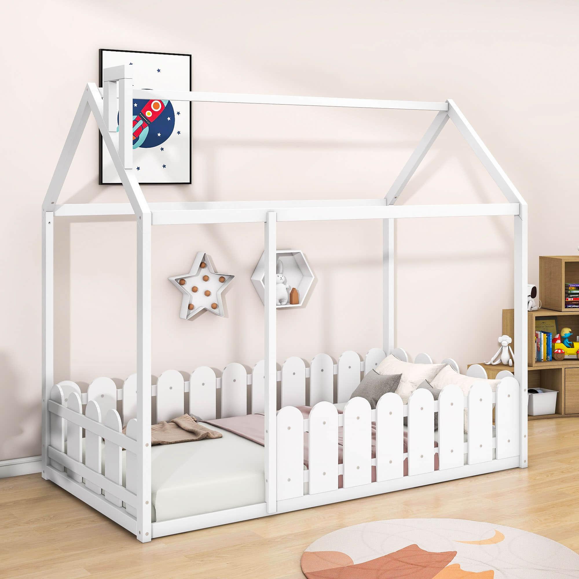 Twin Toddler Floor House Bed Frame with Rails - [Without Slats]