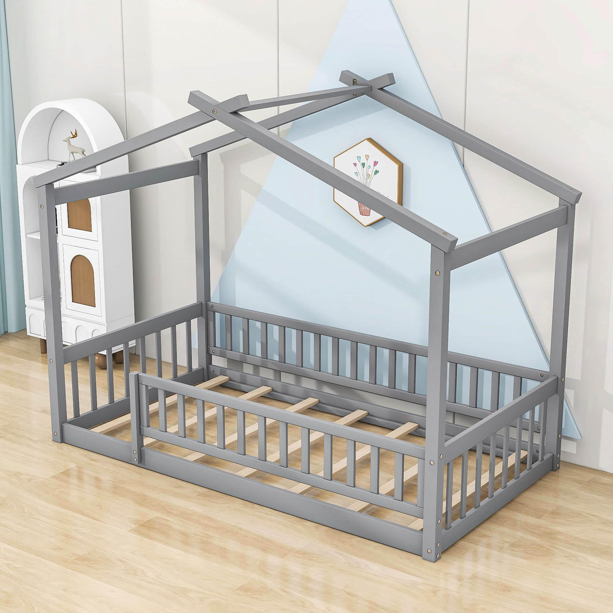 Twin Wood House Kids Toddler Floor Bed with Rails