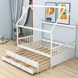 Full Size Kids Wooden House Bed Frame with Trundle and Storage