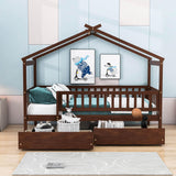 Twin Size Wood House Toddler Bed Frame with Rails and Storage