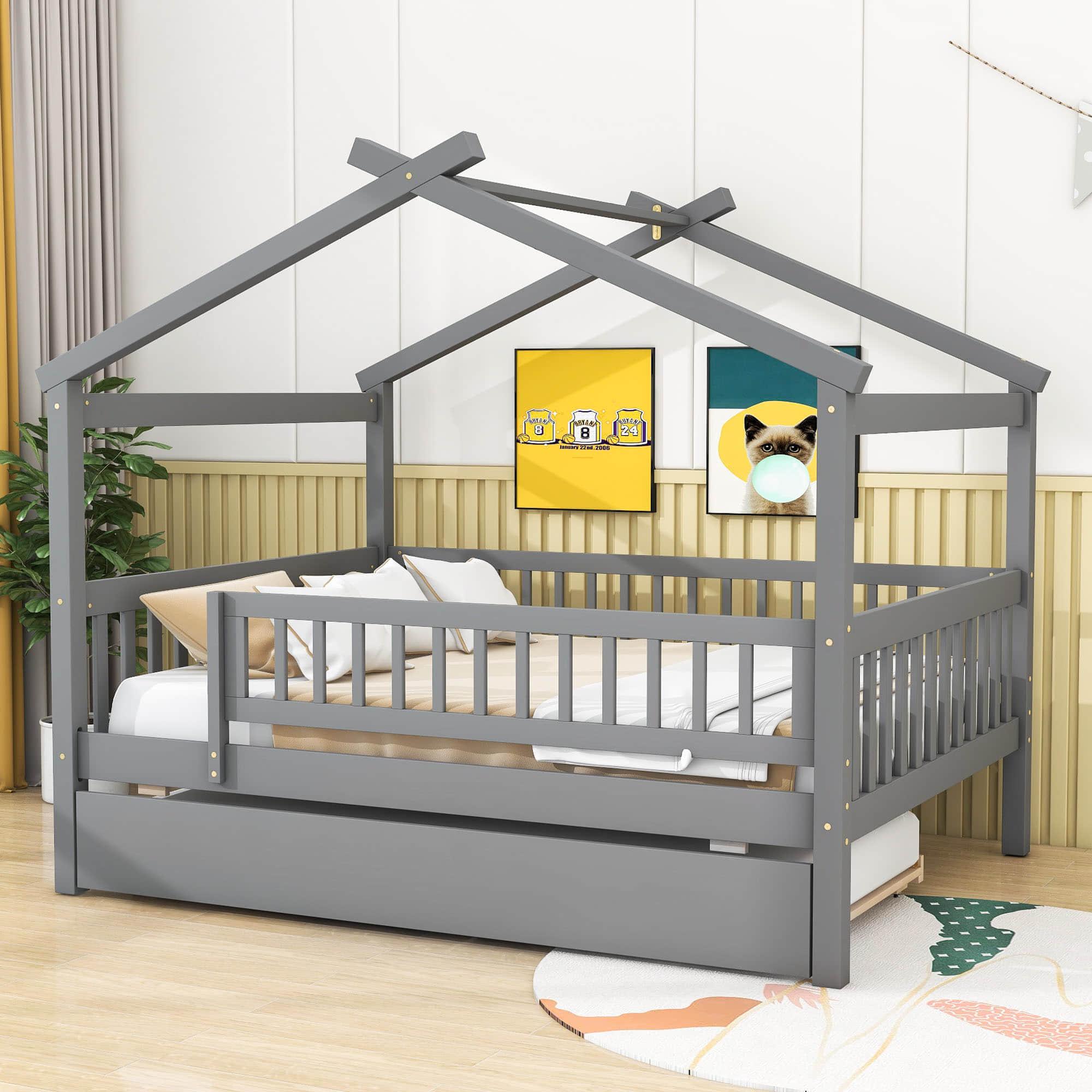 Wooden Full Size House Bed Frame with Twin Trundle for Kids, Toddler