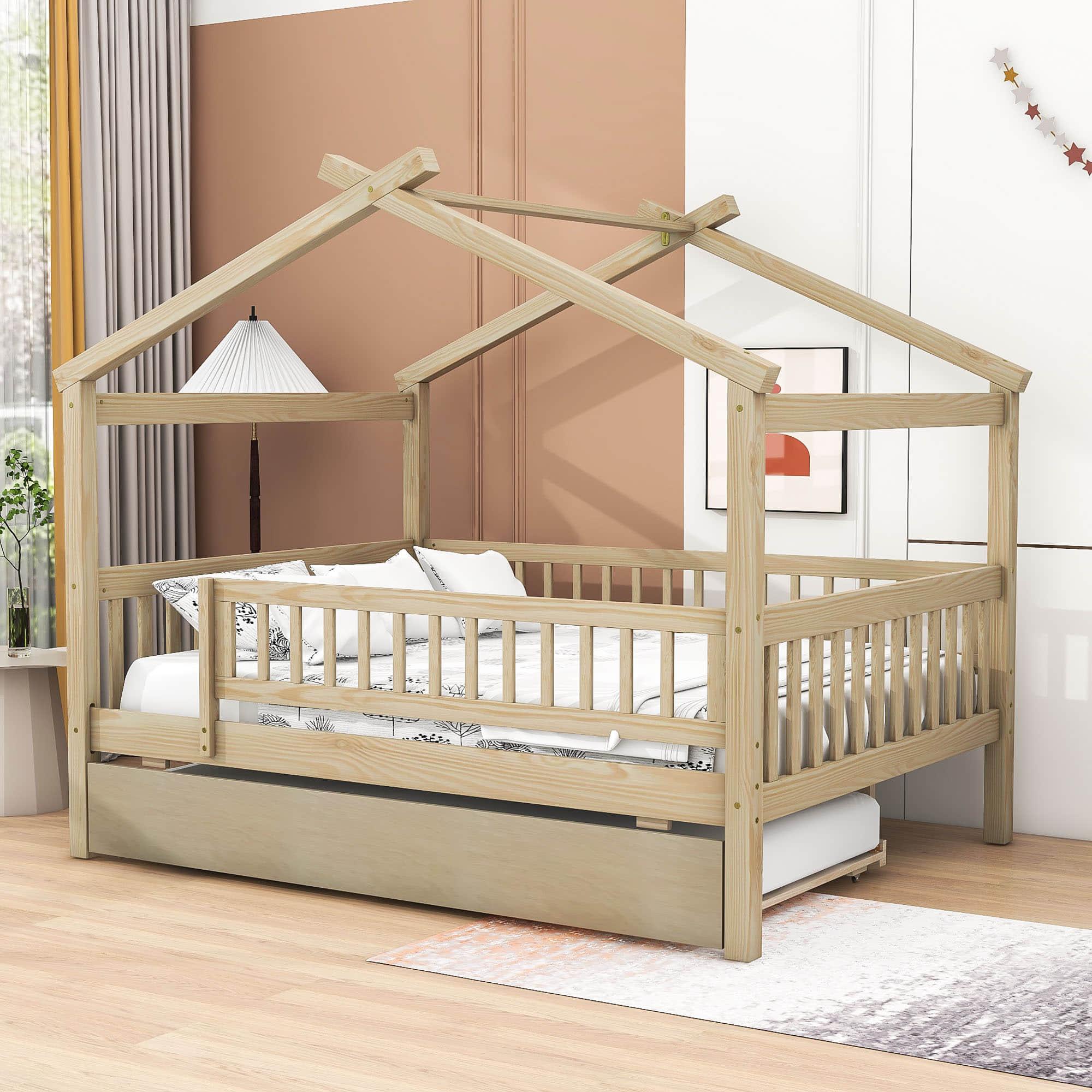 Wooden Full Size House Bed Frame with Twin Trundle for Kids, Toddler