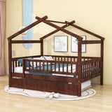 Wooden Full Size House Bed Frame with Twin Trundle for Kids, Toddler