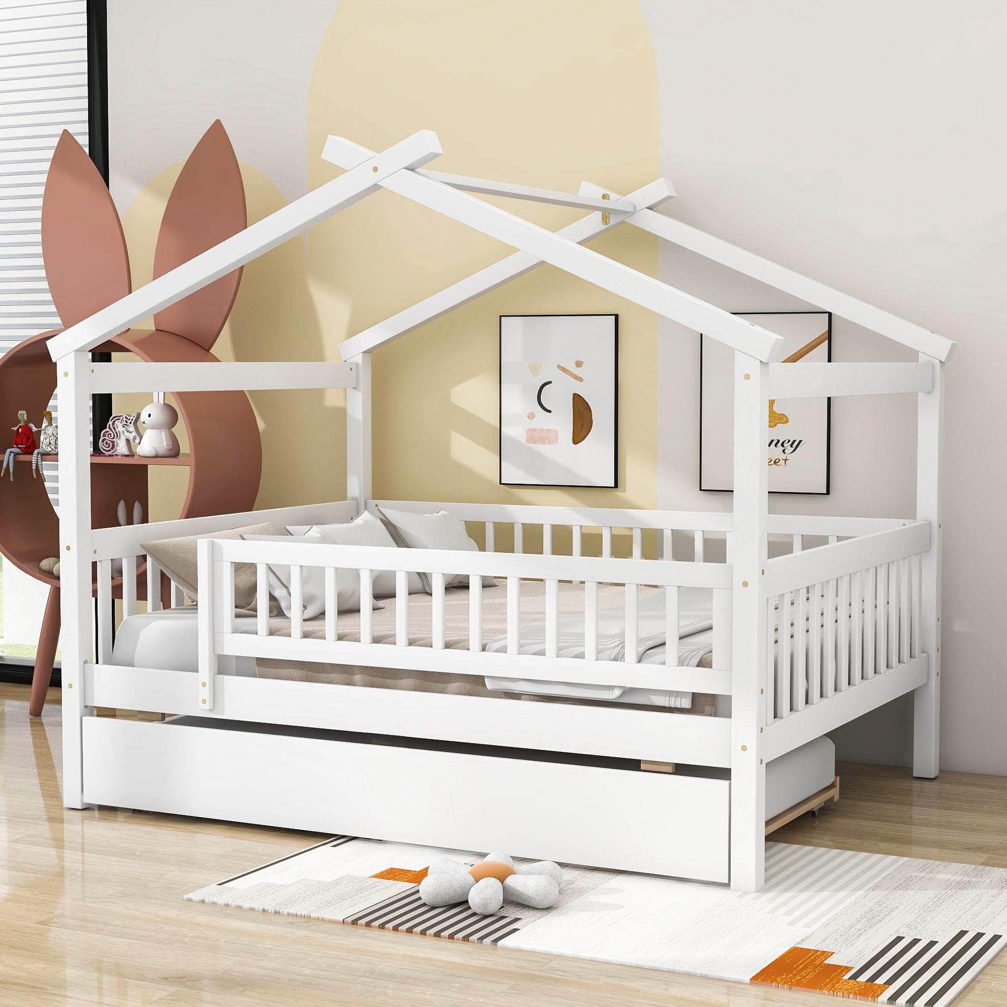 Wooden Full Size House Bed Frame with Twin Trundle for Kids, Toddler