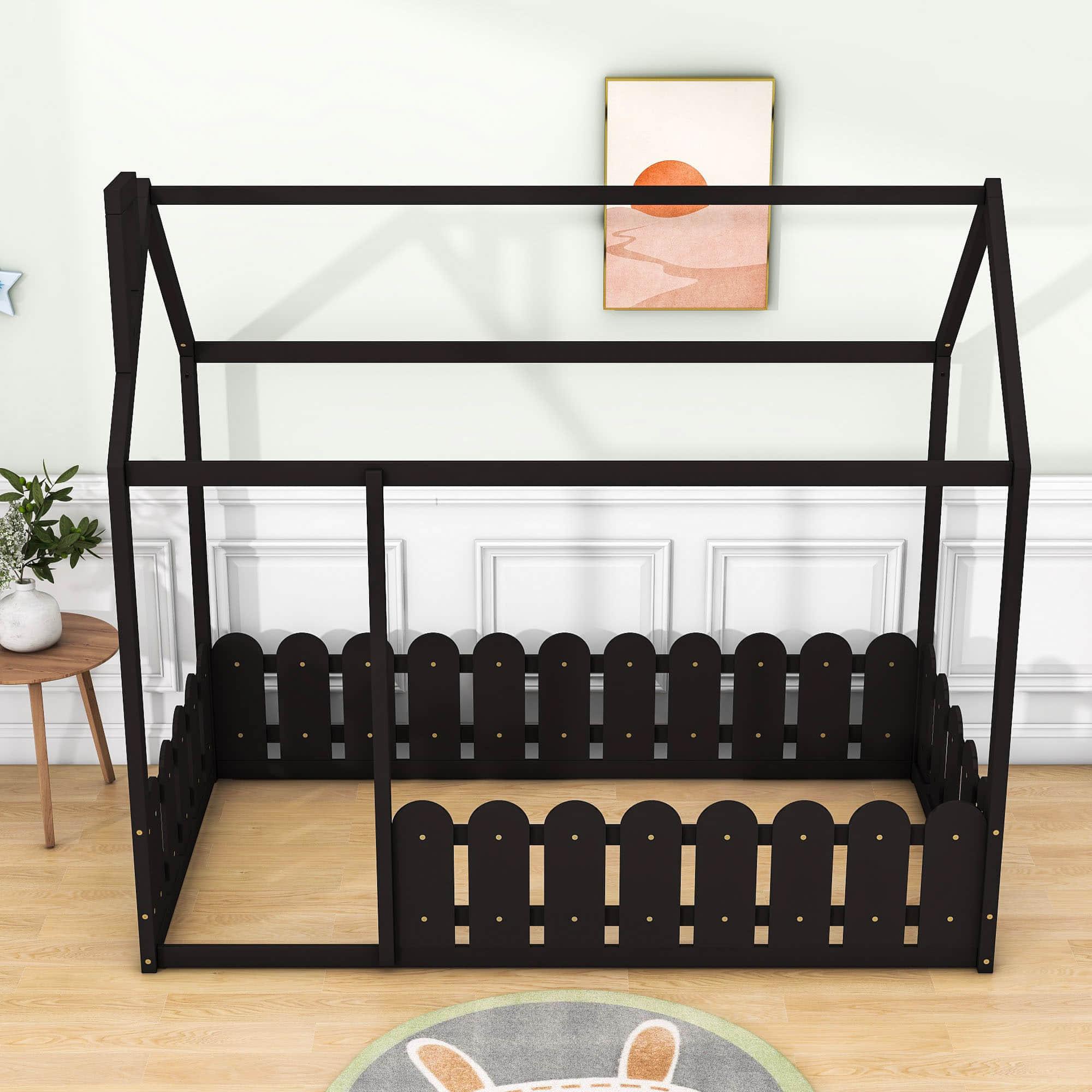 Twin Toddler Floor House Bed Frame with Rails - [Without Slats]