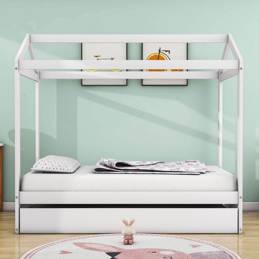 Wooden Kids Twin House Bed with Twin Trundle Bed