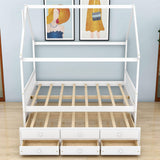 Full Size Kids Wooden House Bed Frame with Trundle and Storage