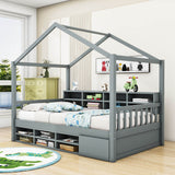 Wood Twin Size House Storage Bed Frame with Shelves and Mini-Cabinet