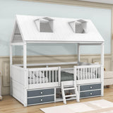 Low Twin Size Loft House Bed with Storage for Kids, Toddler - [Wooden]