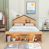 Kids Full Size Wood House Platform Bed Frame with LED Lights and Storage