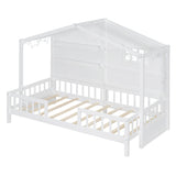 Low Profile Twin House Bed Frame for Kids with Rails and Light Strip