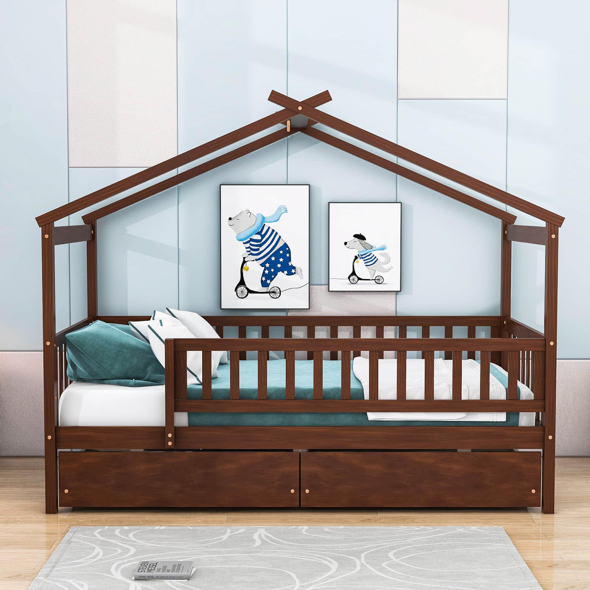 Twin Size Wood House Toddler Bed Frame with Rails and Storage