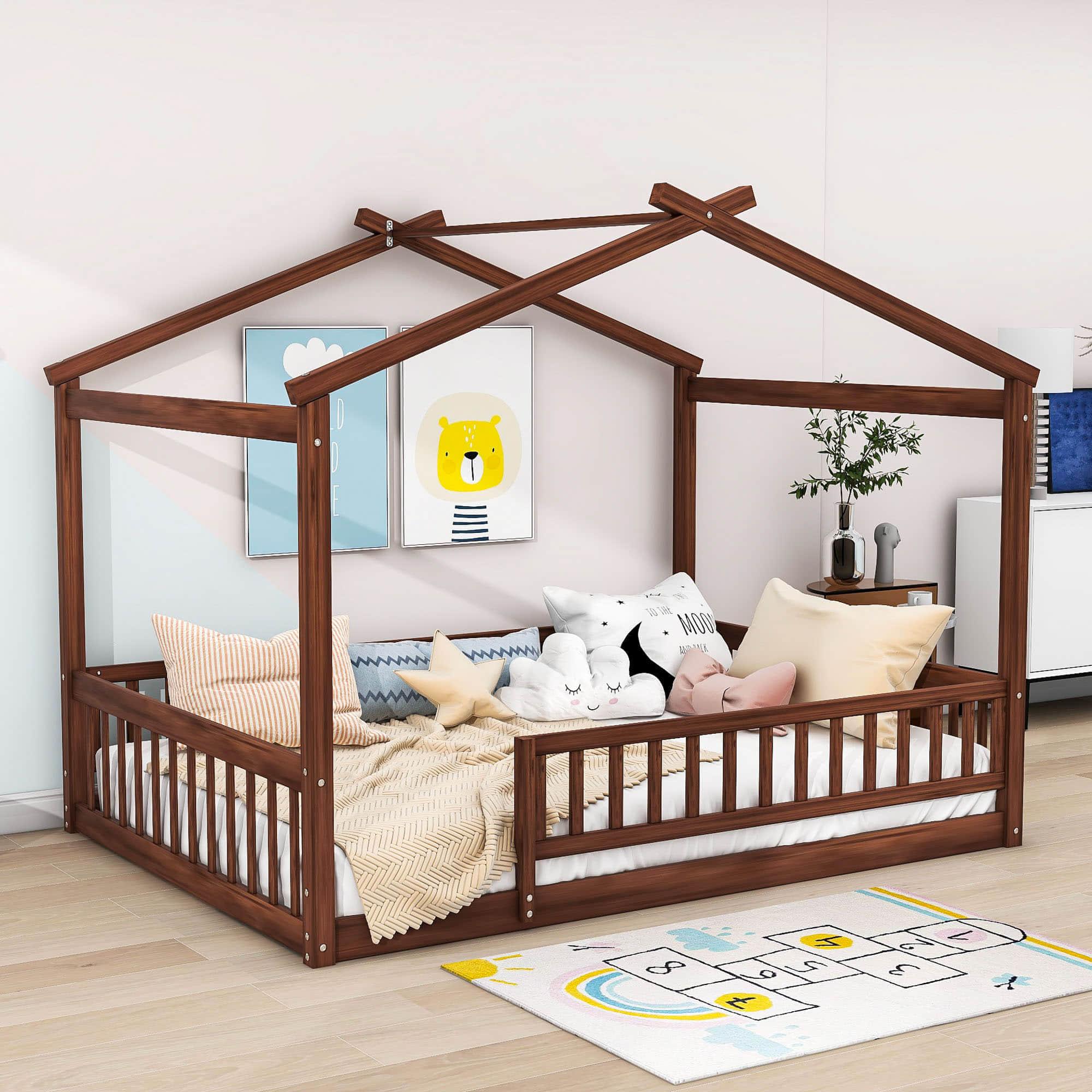 Full Size Wood House Kids Toddler Floor Bed with Rails