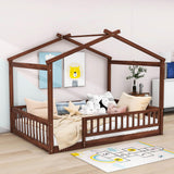 Full Size Wood House Kids Toddler Floor Bed with Rails