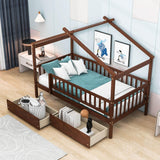 Twin Size Wood House Toddler Bed Frame with Rails and Storage