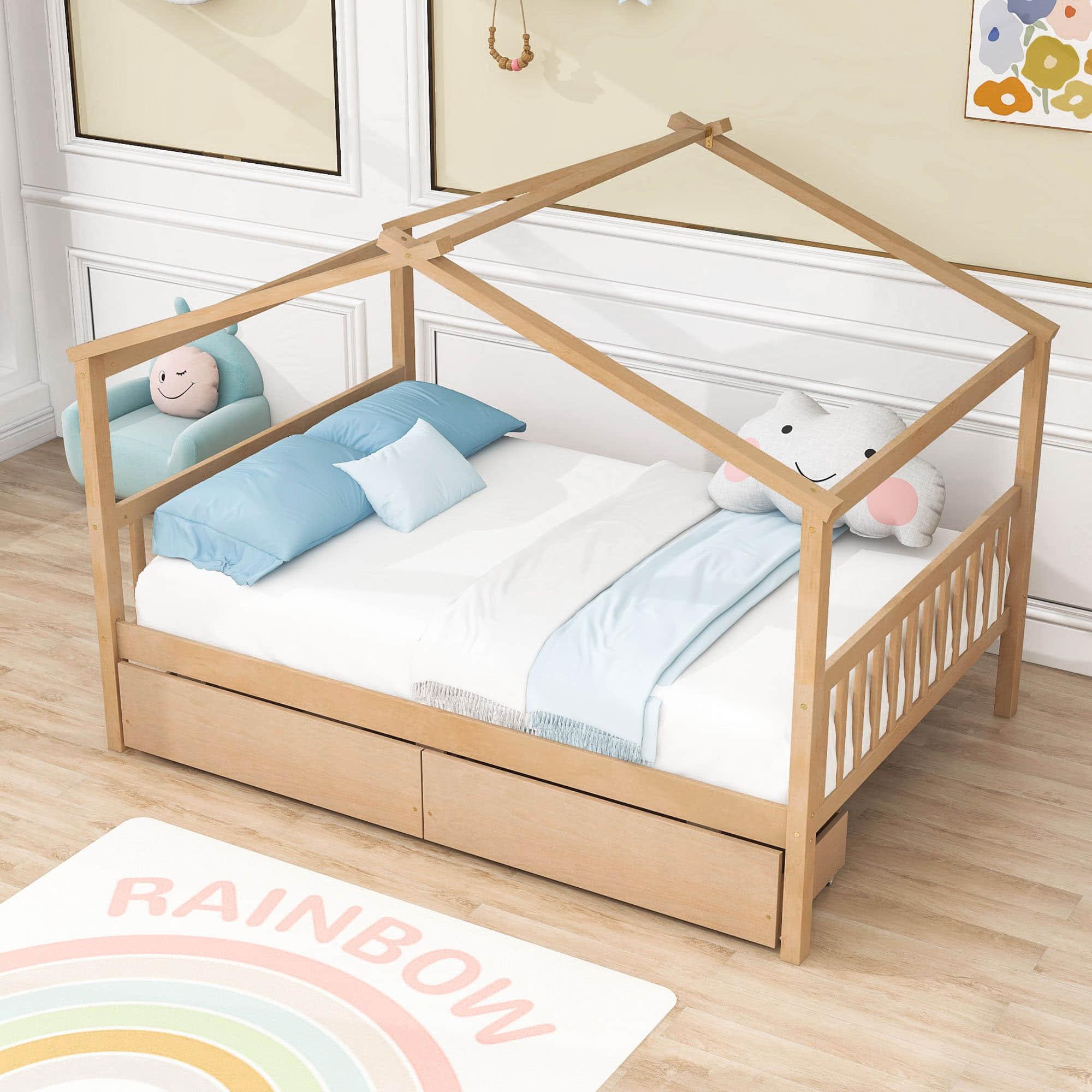 Wooden Full Size House Bed with Storage Drawers for Kids