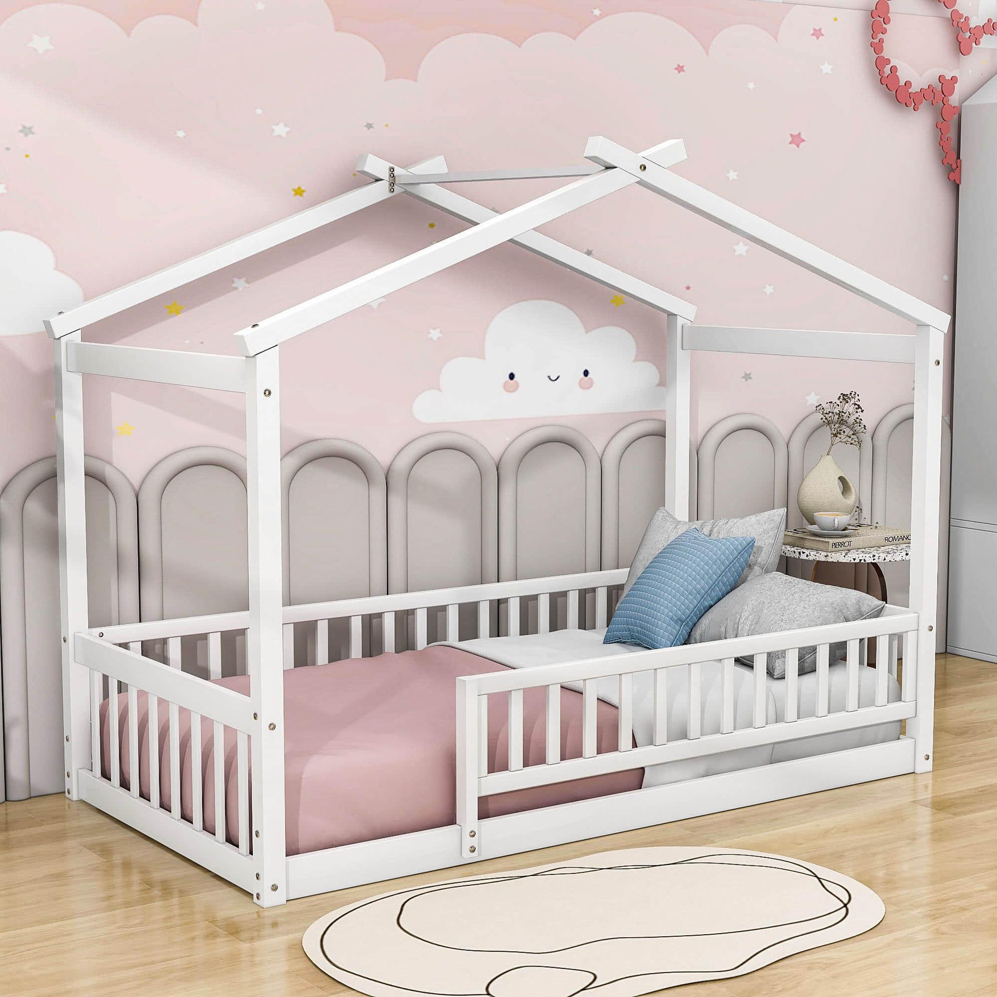 Twin Wood House Kids Toddler Floor Bed with Rails