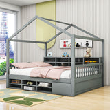 Wood Full House Kids Storage Bed Frame with Shelves and Mini-Cabinet