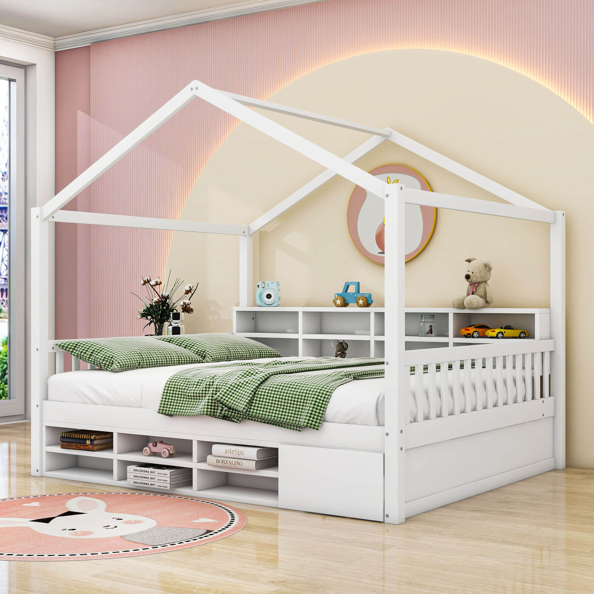 Wood Full House Kids Storage Bed Frame with Shelves and Mini-Cabinet