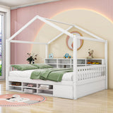 Wood Full House Kids Storage Bed Frame with Shelves and Mini-Cabinet